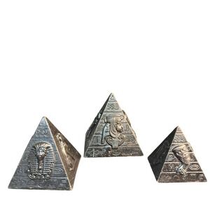Egyptian Pyramid Figurine Set 3 King Tut Nefertiti Hieroglyphic Decor Grey Resin